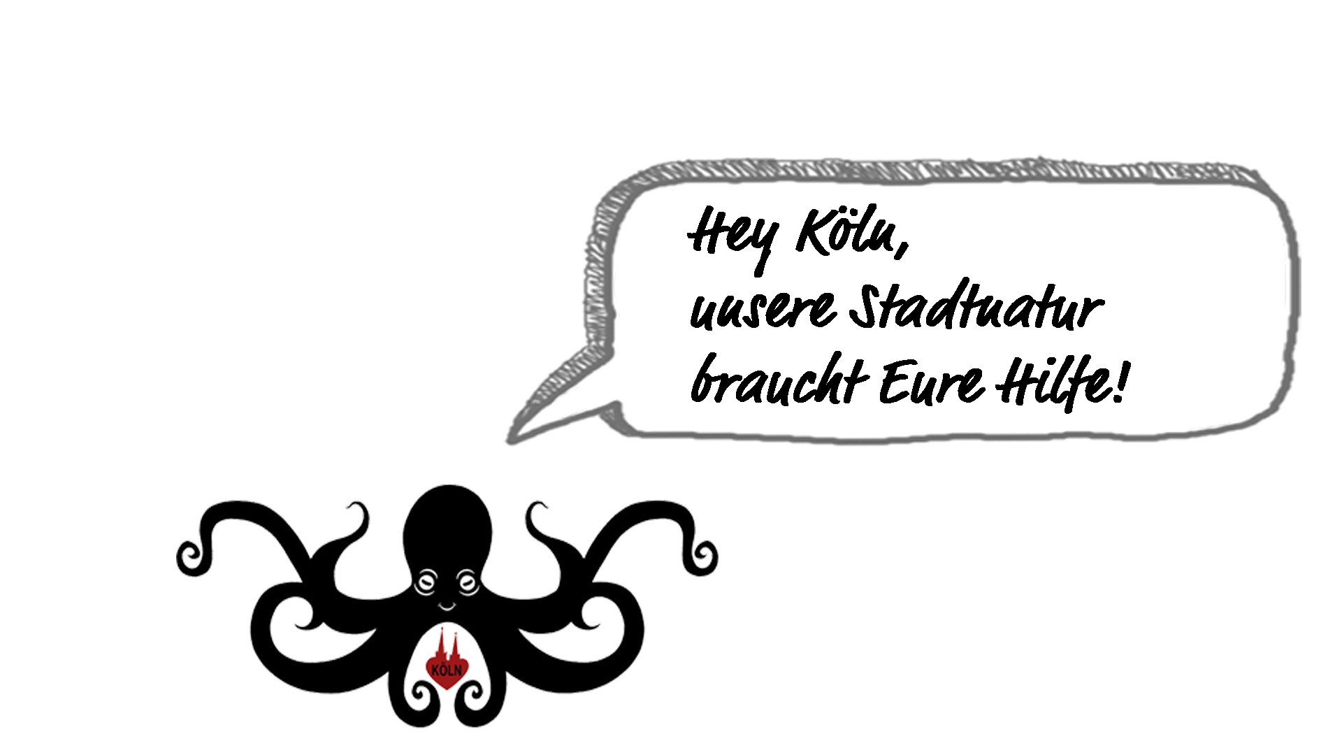 Krake e.V. Logo Krake e.V. Logo mit einer Sprechblase und dem Inhalt "Hey Köln, unsere Stadtnatur braucht Eure Hilfe!"